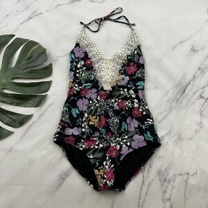 Sea Angel Womens One Piece Swimsuit Size S Black Pink Floral Lace Trim Halter